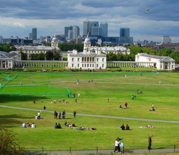 The Old Royal Naval College and Canary Wharf from the Royal Observatory
